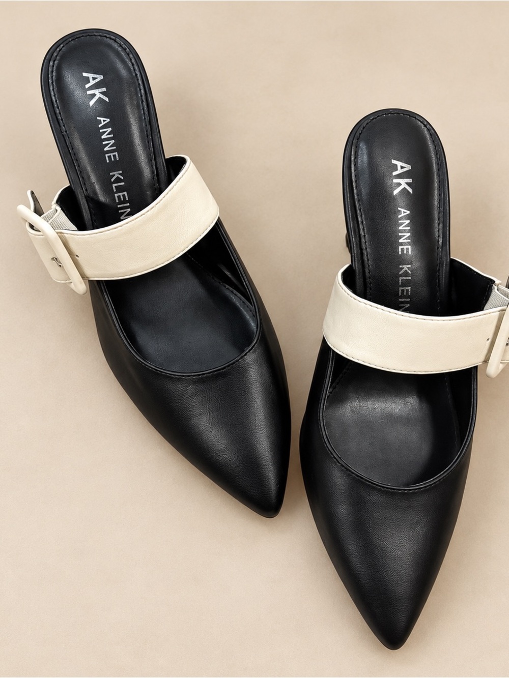 Anne Klein Felicia iFlex Black Ivory Buckle Pointed Toe Mules 8M